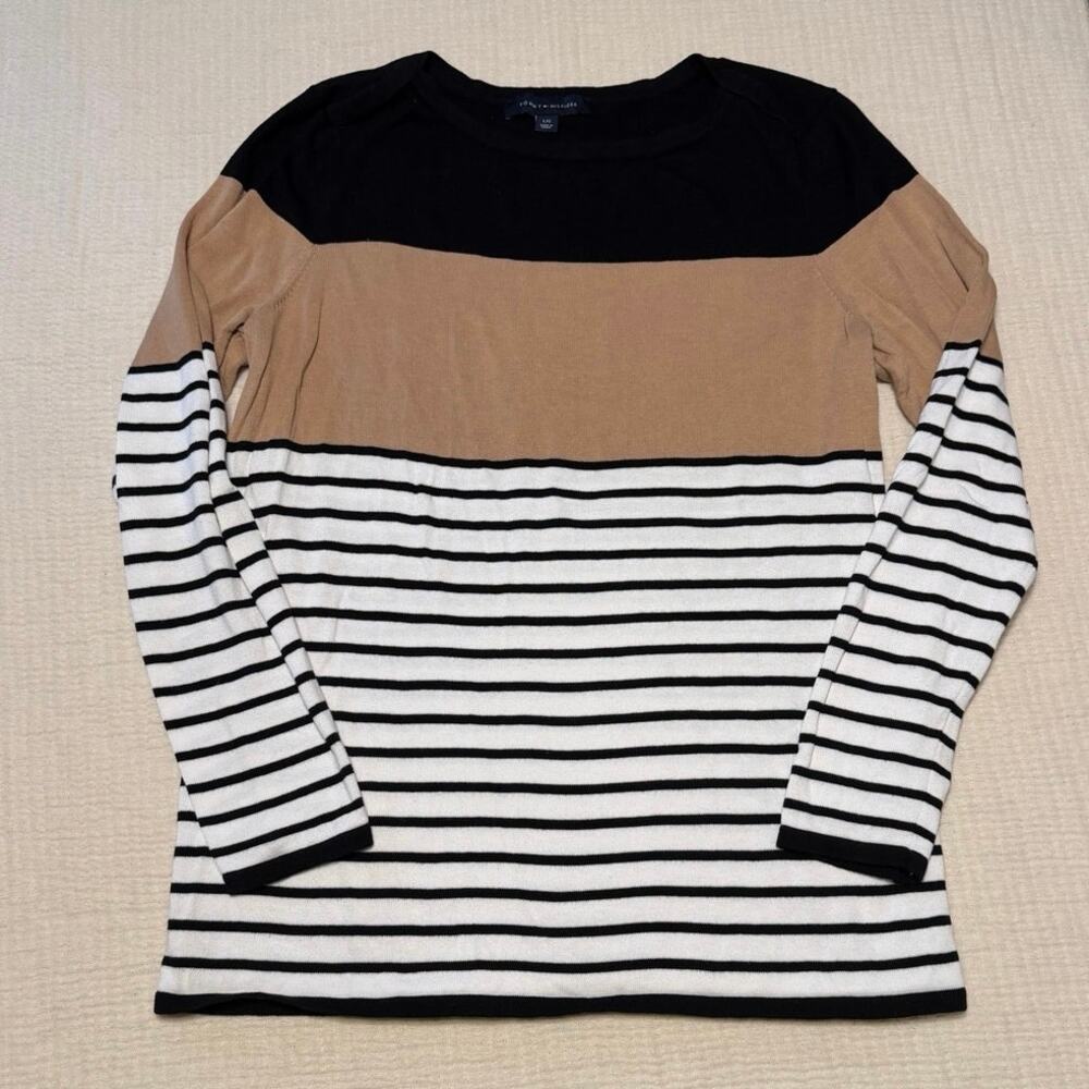 Striped camel and black cotton sweater pullover coastal minimalist capsule